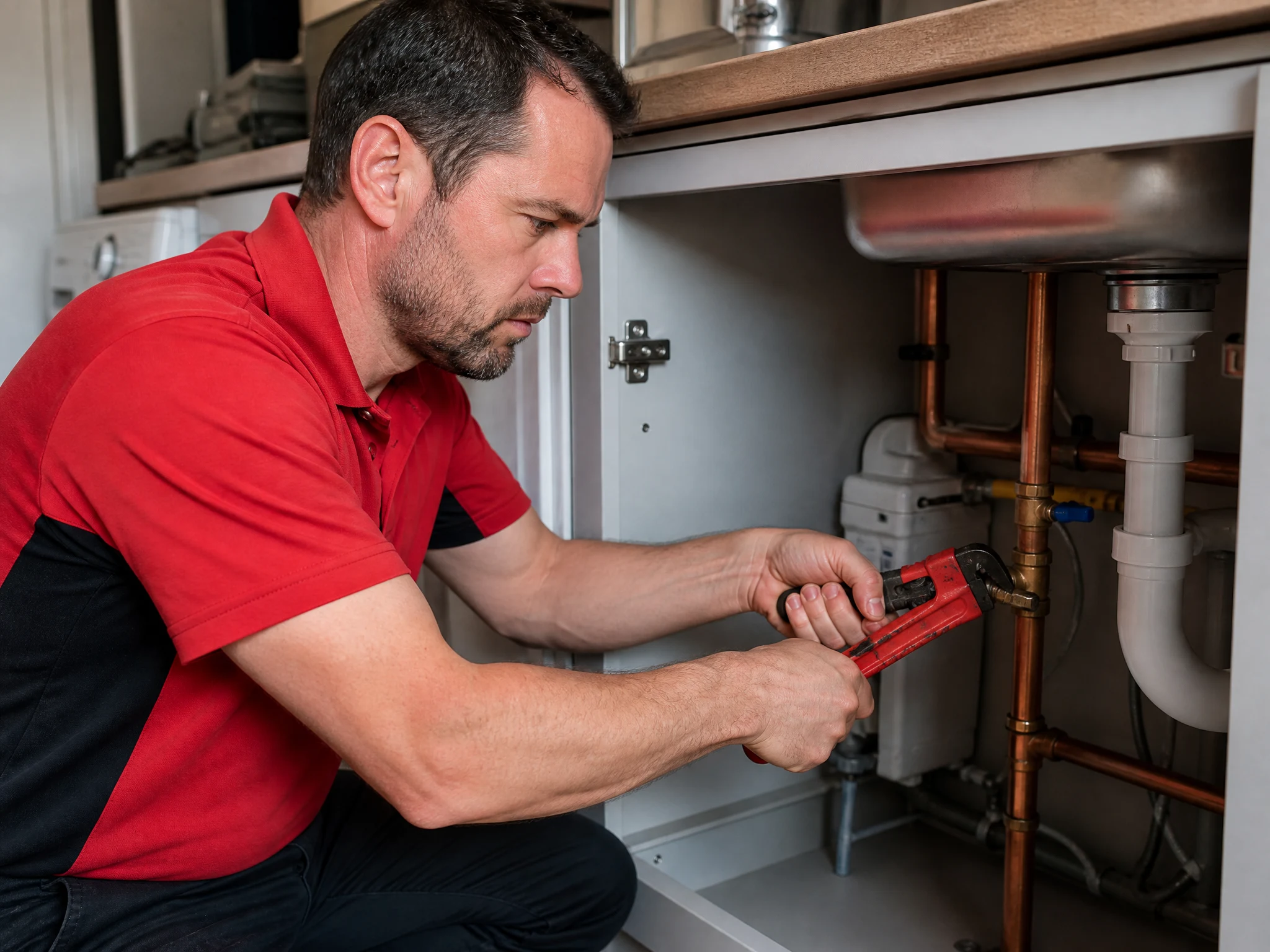 Finchley Plumbers 247 engineer tightening a stopcock under a sink during an emergency plumbing repair in Finchley